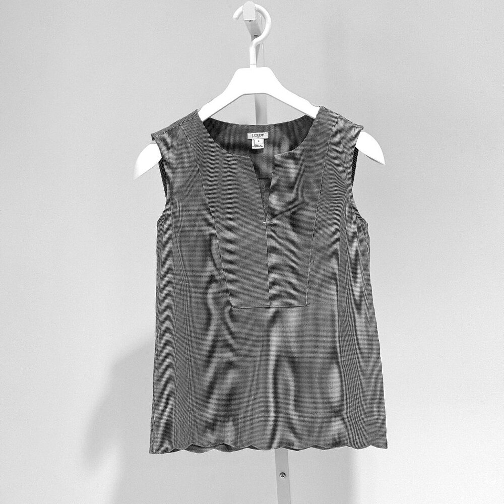 J. Crew Women's Sleevless Top, Black/White Small Check, Scallop Hem, Size 0